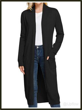 Essential Solid Open Front Maxi Long Knitted Cardigan Sweater Pockets Black